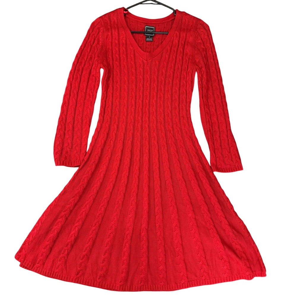 JH Collectibles Red Cable Knit Sweater Dress V-Neck Fit Flare JC9M3034 Medium